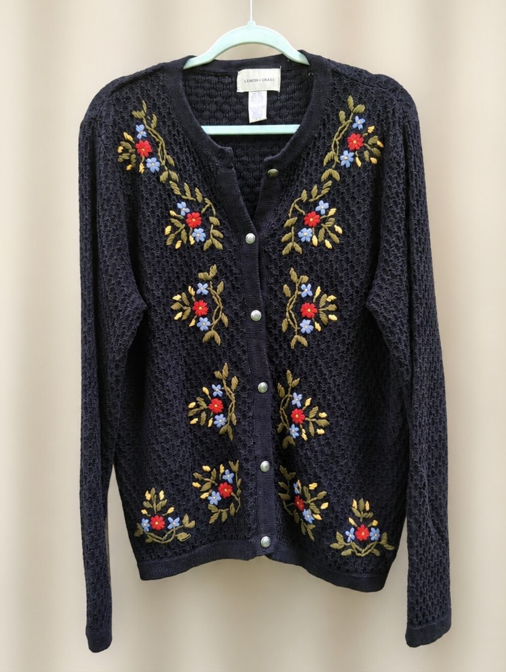 Lemon Grass Vintage Embroidered Floral Cardigan Sweater Button Up Large Cottage
